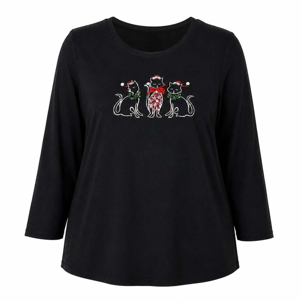 Karen Scott Black 3/4-Sleeve Top with 2X Embroidered Holiday Cats Chritmas